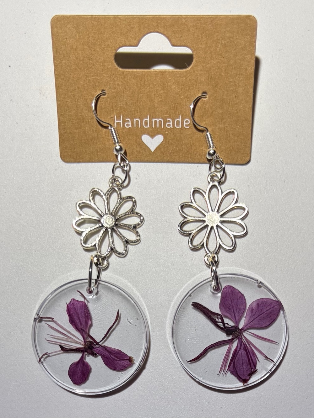 Silver Daisy Drop Earrings with Purple Pressed Flowers
